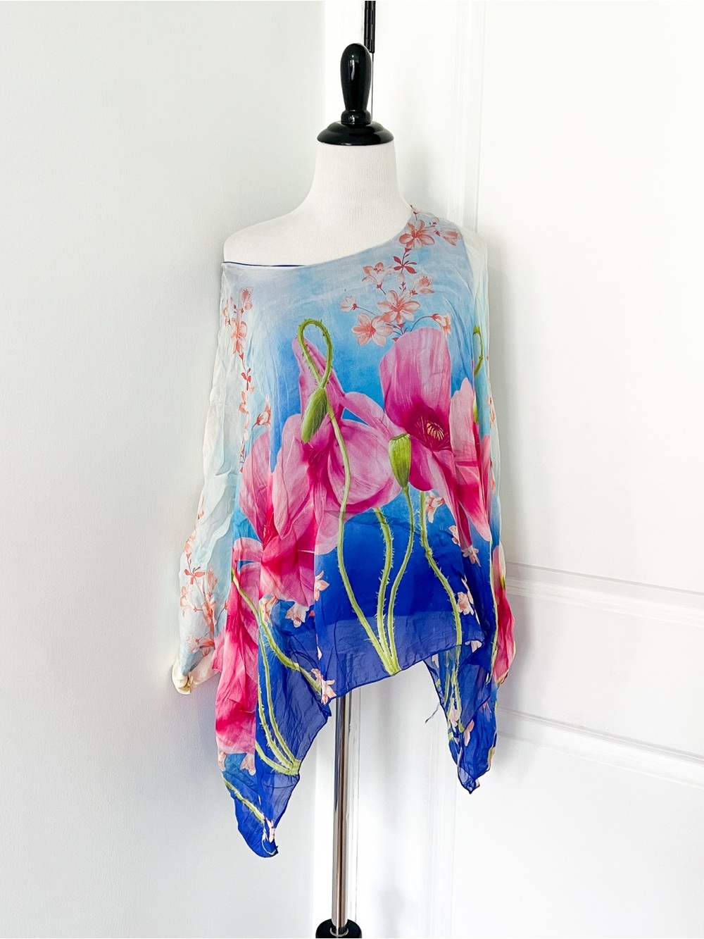 Silk Floral Off-Shoulder Chiffon Blouse in Pink and Blue - One size